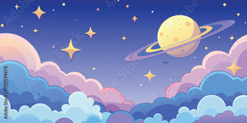 Abstract blue sky landscape illustration with stars and clouds over night ocean waves vector design