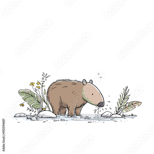 Cute Tapir Splashing in Rainforest Stream