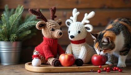 Cozy Christmas scene with knitted reindeer toys and a curious cat near apples and berries. A festive, rustic room setting for winter holiday celebrations and decor ideas.