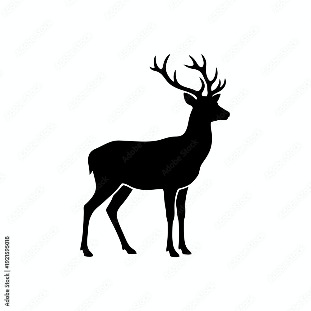 Fototapeta premium A solid black silhouette of a male deer with large antlers stands facing right against a white background.