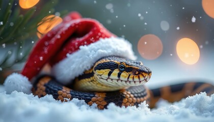 Snake with Santa hat poses in snow. Festive reptile wears bow for holiday photo, christmas animal portrait. Winter season pet with bokeh lights.