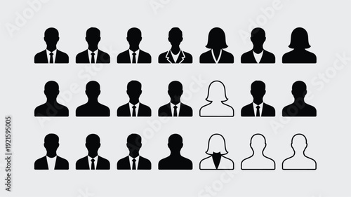 user profile icon set. 21 avatar silhouettes and outline vector collection for business, UI, and account interfaces