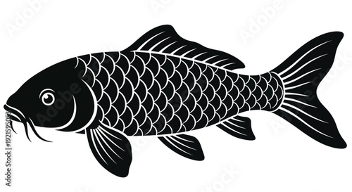 Black and white stylized koi fish graphic design isolated on a white background.
