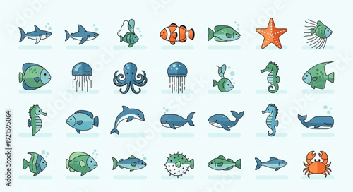 Collection of Various Cartoon Ocean Creatures.