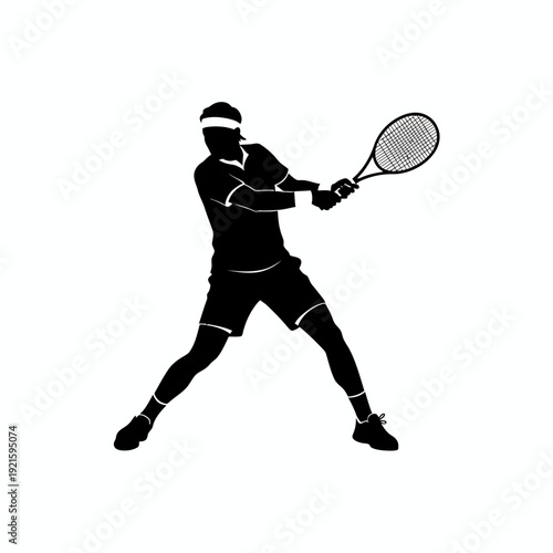 Silhouette of an athlete executing a powerful two-handed forehand stroke while playing tennis on a bright court.
