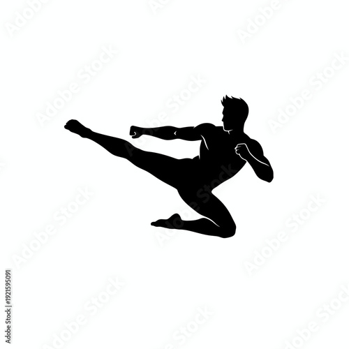 Silhouette of a muscular martial artist performing a powerful flying side kick against a white background for graphic design use.