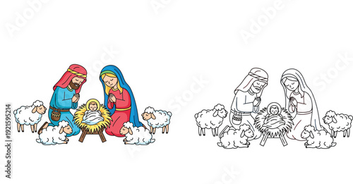 Nativity Scene Vector Illustration with Holy Family and Sheep. Includes Colored Version and Black and White Outline for Kids Coloring Book.