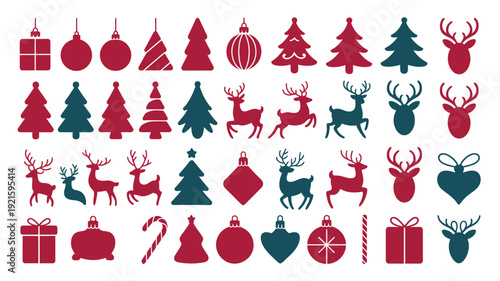 Two-Color Christmas and Winter Holiday Flat Icon Set. Red and Teal Festive Vector Collection