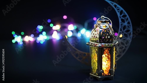 Ramadan lantern and crescent moon with colorful lights
