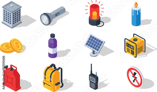 Emergency survival equipment isometric icon set with generator flashlight fuel radio solar panel supplies