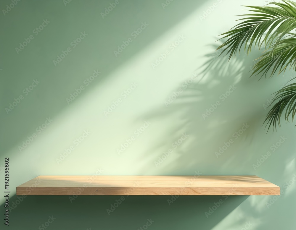 Fototapeta premium Minimalist wooden shelf against light green wall with palm leaf shadow overlay. Clean space for product placement. Modern interior design element for displays.