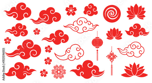 Collection of red Chinese traditional elements and symbols.