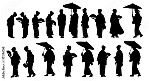 Silhouettes of people walking with umbrellas in various poses.