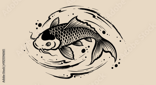 Black and white illustration of a koi fish swimming in a circular motion.