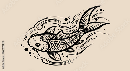 Black and white illustration of a koi fish swimming in water.