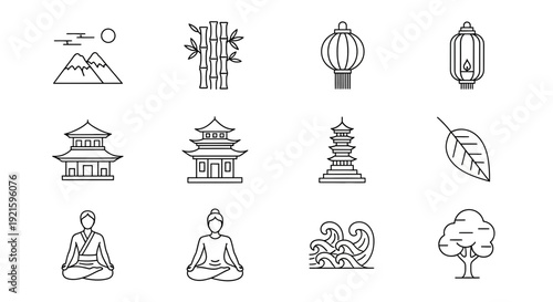 Collection of Simple Line Icons Representing Meditation and Eastern Culture.