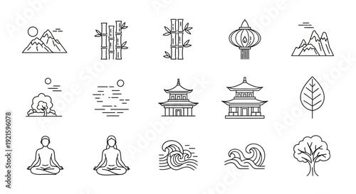 Collection of Simple Line Icons Representing Meditation and Eastern Culture.