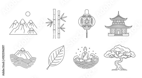Collection of simple line drawings representing elements of nature and Asian culture.