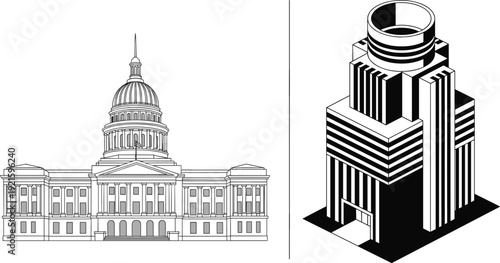 Government capitol building and modern skyscraper vector illustration architecture landmark isolated on white background