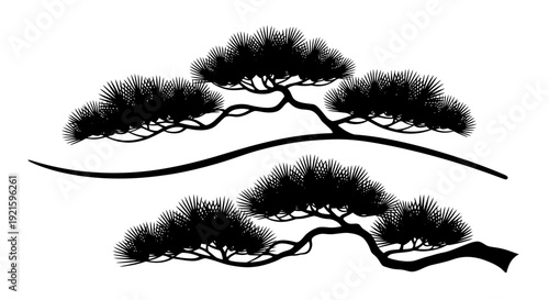 Black and white illustration of trees with curved branches and lush foliage.
