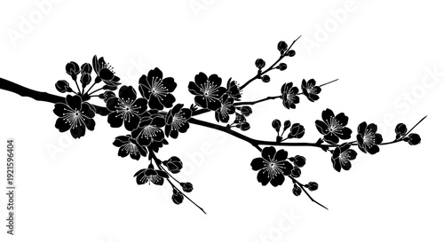 Black and white illustration of a blossoming branch with flowers.