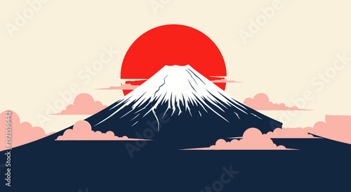 Serene illustration of Mount Fuji at sunrise with red sun and clouds.