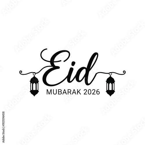 Eid Mubarak 2026 vector clipart with lanterns, Islamic holiday greeting black and white design