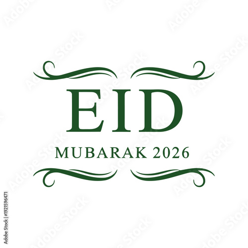 Eid Mubarak 2026 vector clipart with decorative green calligraphy for Islamic holiday greetings