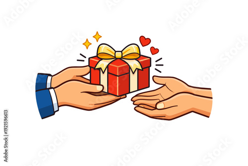Hands giving gift box with ribbon, present exchange and celebration concept illustration