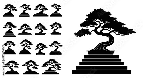 Bonsai Tree Silhouettes on White Background.
