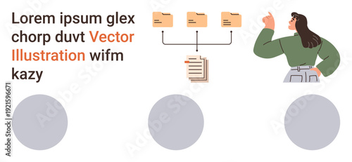 File management, data organization, workflow, office tools, process efficiency, team collaboration. Woman pointing to structured folders and linked document. File management and data organization