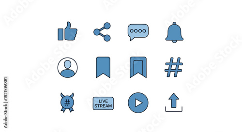 Social Media and Digital Interface Icon Set in Blue Flat Style