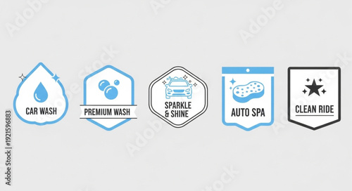 Set of minimalist car wash badges and icons.