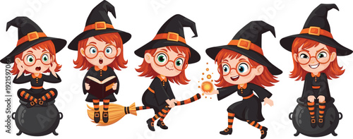 Cute Little Witch Vector Illustration Set with Funny Girl Character Flying on Broom Reading Book and Sitting on Magic Cauldron