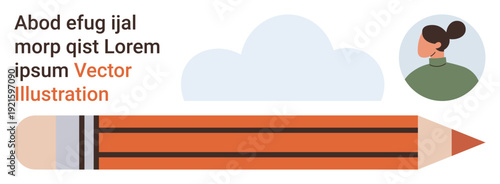 Education, creativity, design, writing, professional growth, online identity. An orange pencil, cloud illustration and female portrait. Education and creativity concepts