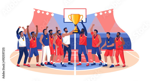 Celebrating victory: a basketball team rejoices, proudly hoisting the golden trophy in celebration