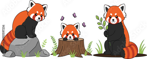 Cute Red Panda Vector Illustration Set with Funny Characters Sitting on Rock and Tree Stump Isolated on White Background
