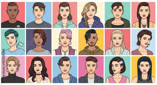 Colorful illustrated avatar portraits collection grid.