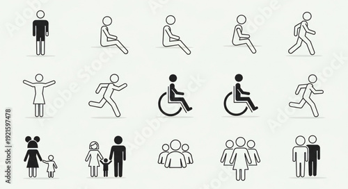 Minimal human pictogram icons showing actions mobility and family.