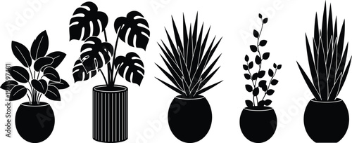 Houseplants Silhouette Vector Illustration Set with Monstera Snake Plant and Ficus in Pots Isolated on White Background for Design