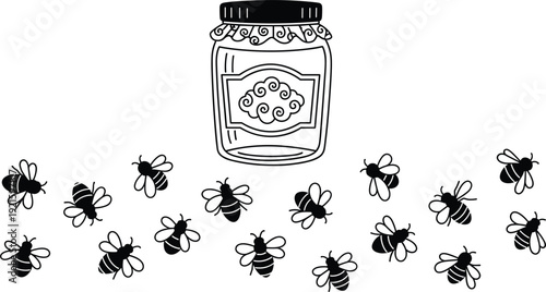 Honey jar with flying bees vector illustration isolated on white background beekeeping concept