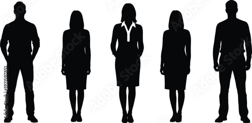 Five human silhouettes standing in a row