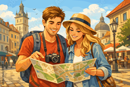 Happy tourist couple with map exploring historic European city, travel and vacation illustration