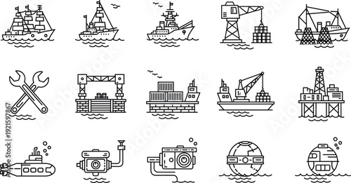 Marine industry and offshore oil line icons set with ships rigs submarine vector collection