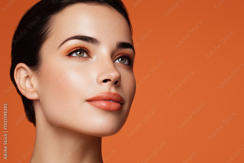 Naklejka premium Close-up of a woman's face with a radiant, dewy complexion against an orange background