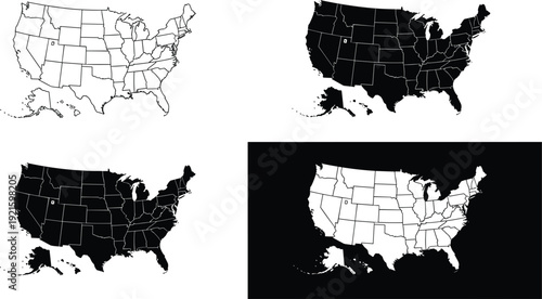 United States map vector set with state boundaries black and white isolated illustration