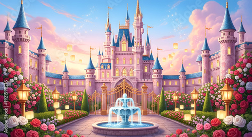 Fairytale pink castle with rose garden and glowing lanterns at sunset