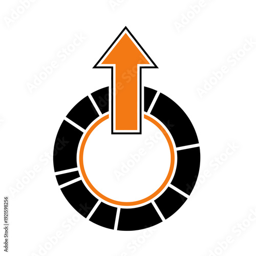 A stylized icon of an orange arrow pointing upwards in a circular graph