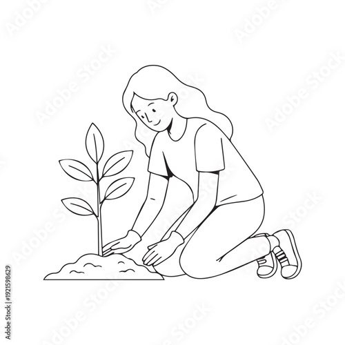 Young woman planting small tree sapling in soil line art gardening illustration
