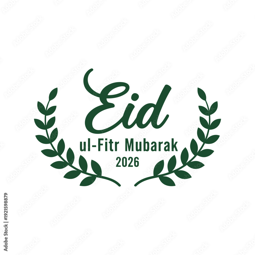 Obraz premium Eid ul-Fitr Mubarak 2026 vector clipart with laurel wreath Islamic holiday greeting